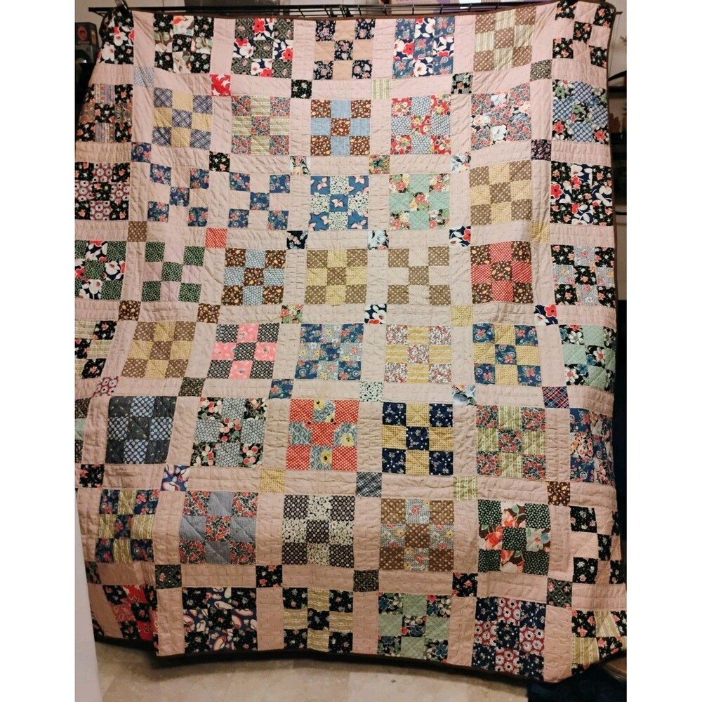 Vintage Handmade Quilt 76x88, 1930s 1940s 9 Patch Patchwork Quilt, Hand Quilted